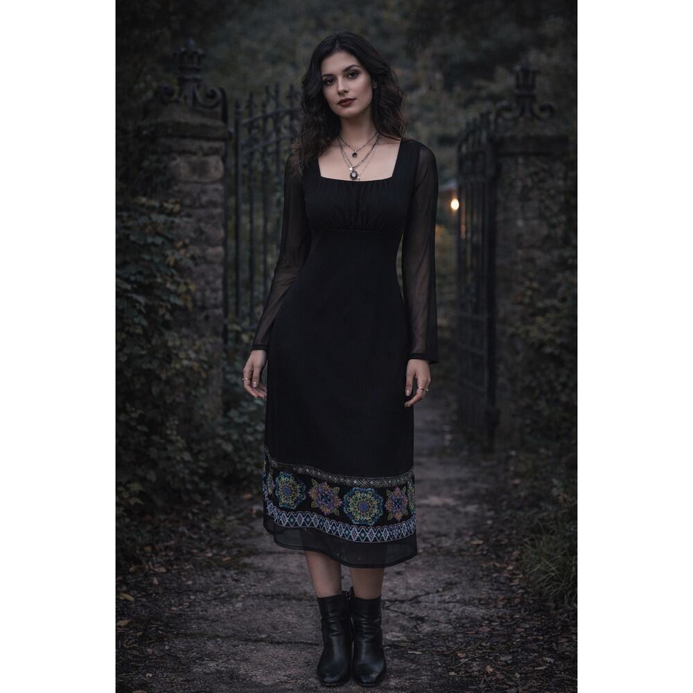 Vintage Y2K Beaded Hem Mesh Sleeve Midi Dress Whimsygoth M - Picture 10 of 11